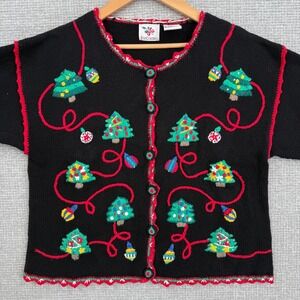 Nutcracker Vtg Christmas Cardigan Sweater Holiday Trees Womens M Cottage Teacher